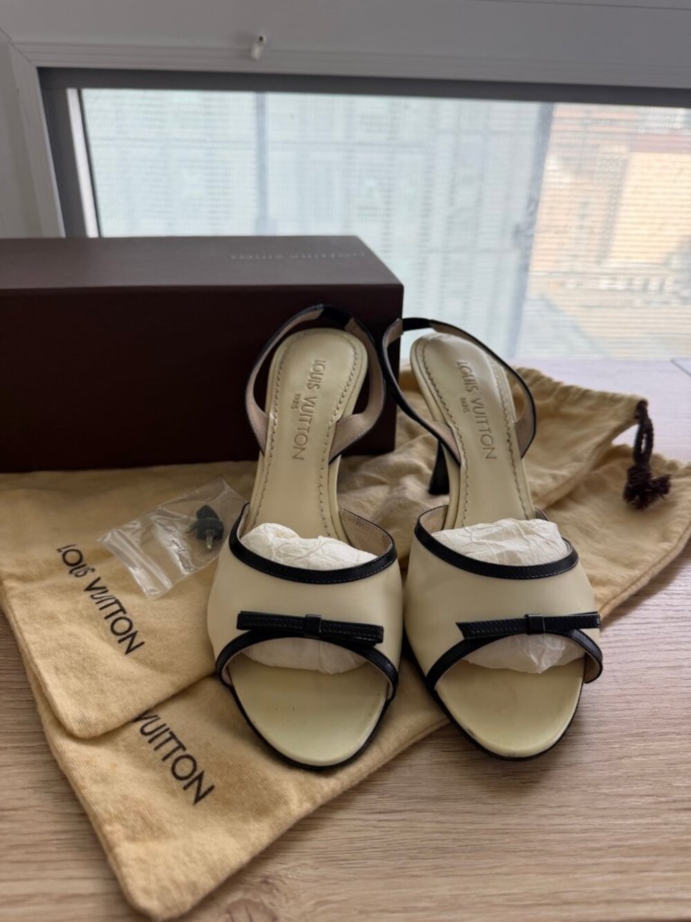 Louis Vuitton Cream Black Slingback Kitten Heels